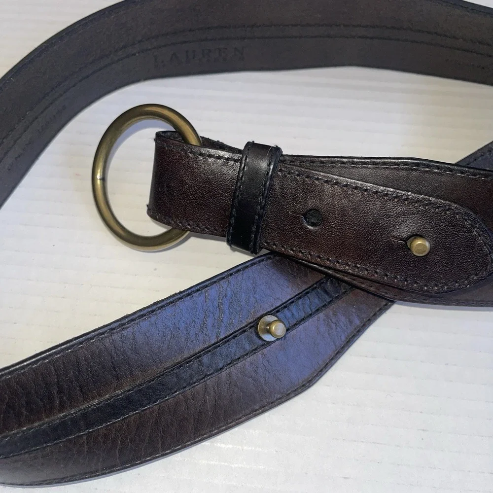 VTG  Ralph Lauren O Ring Leather Belt Women's  Brown Black Brass 9101446-0